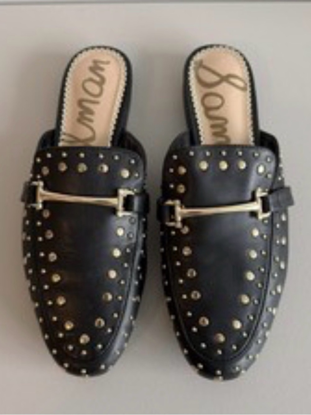 Sam Edelman Black Studded Slip-On Mules with Gold Buckle - Picture 2 of 5